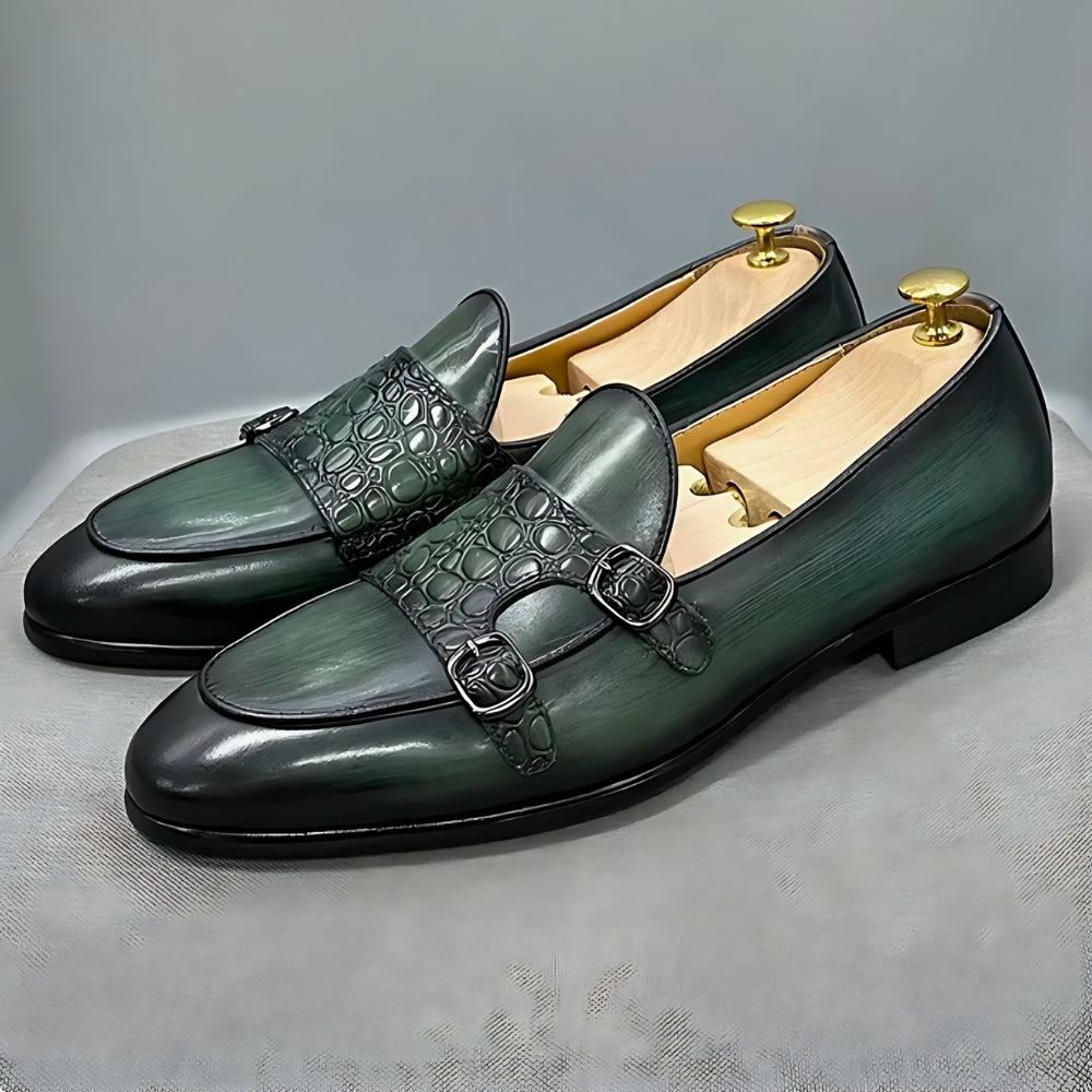 Mocassins Verts Pointus En Cuir Effet Croco