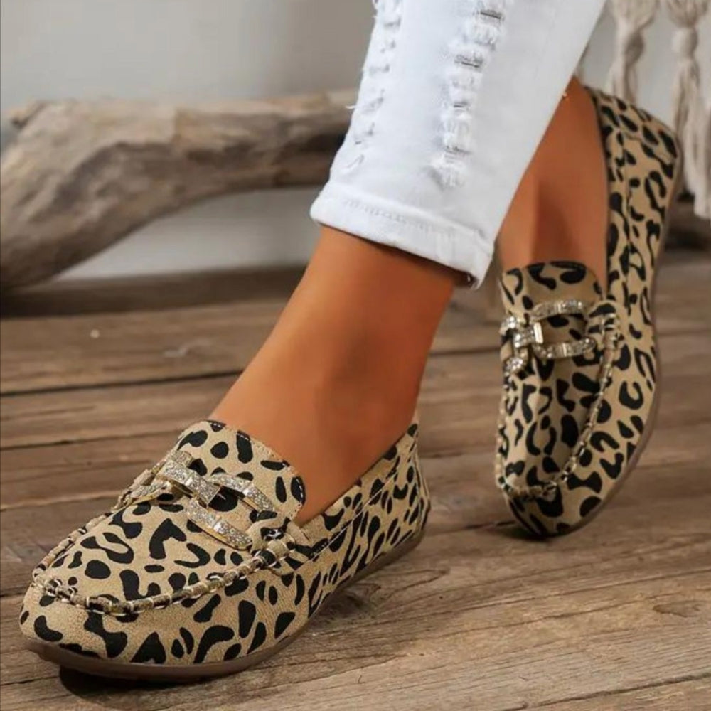 Mocassins Souples Imprimé Léopard Avec Anneaux En Strass