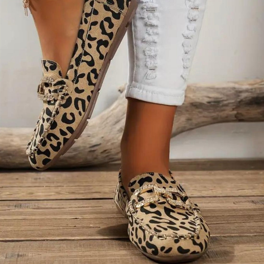 Mocassins Souples Imprimé Léopard Avec Anneaux En Strass