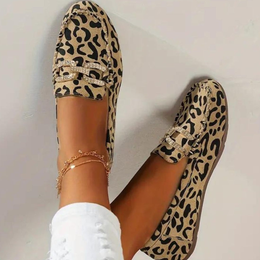 Mocassins Souples Imprimé Léopard Avec Anneaux En Strass