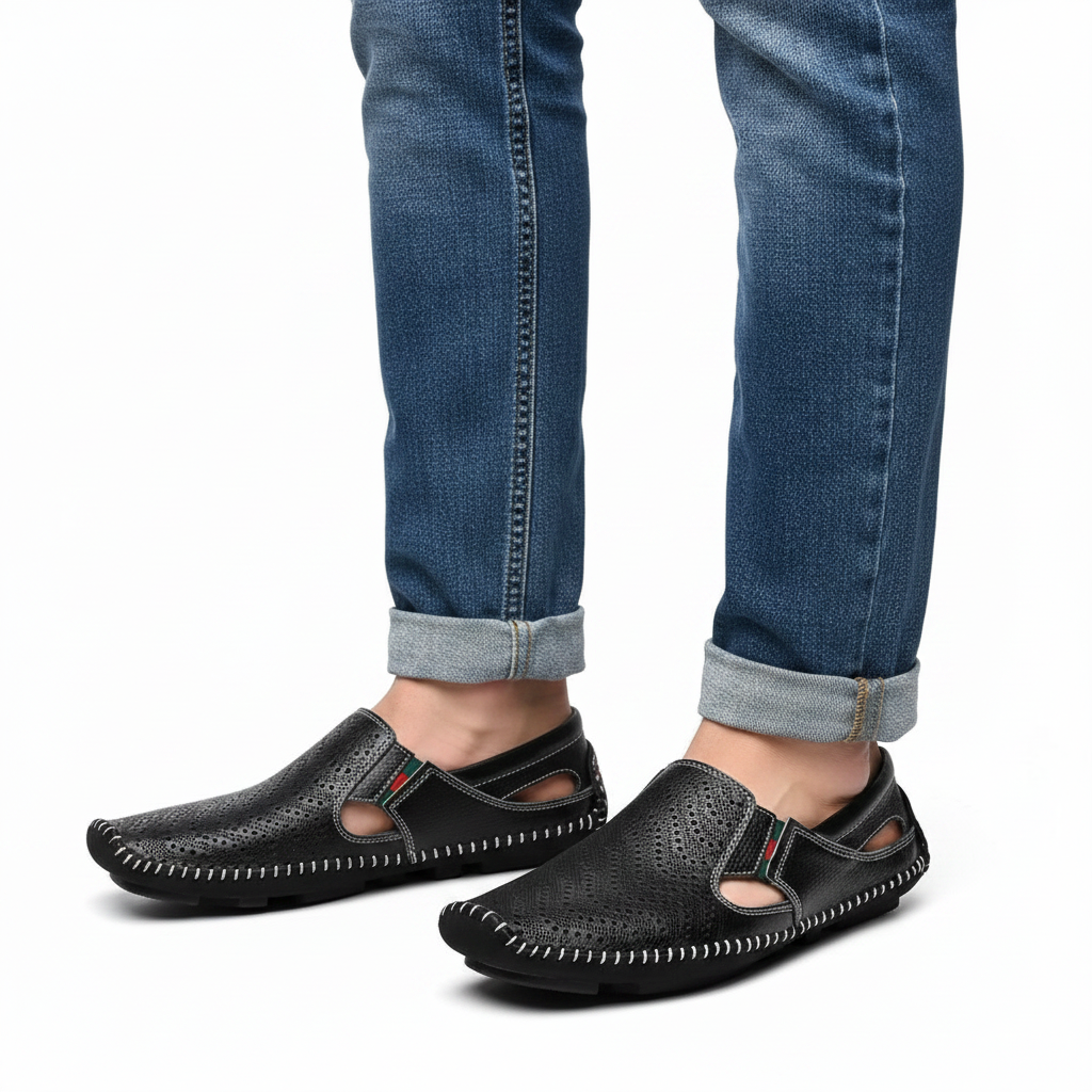 Jean Sandales en Cuir Perforé Confort Respirant Semelle Coussinée Chaussures Été