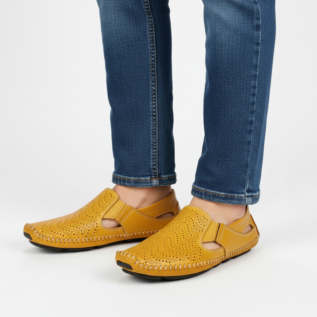 Jean Sandales en Cuir Perforé Confort Respirant Semelle Coussinée Chaussures Été