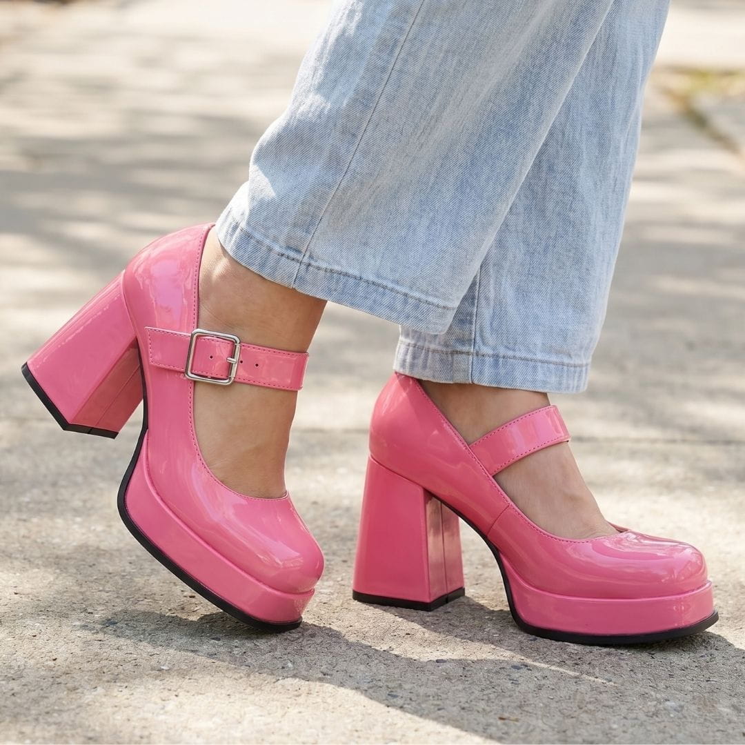 Harriet Chaussures Mary Jane en Verni – Plateforme Structurée Talon Bloc Bride à Boucle Élégance Vintage