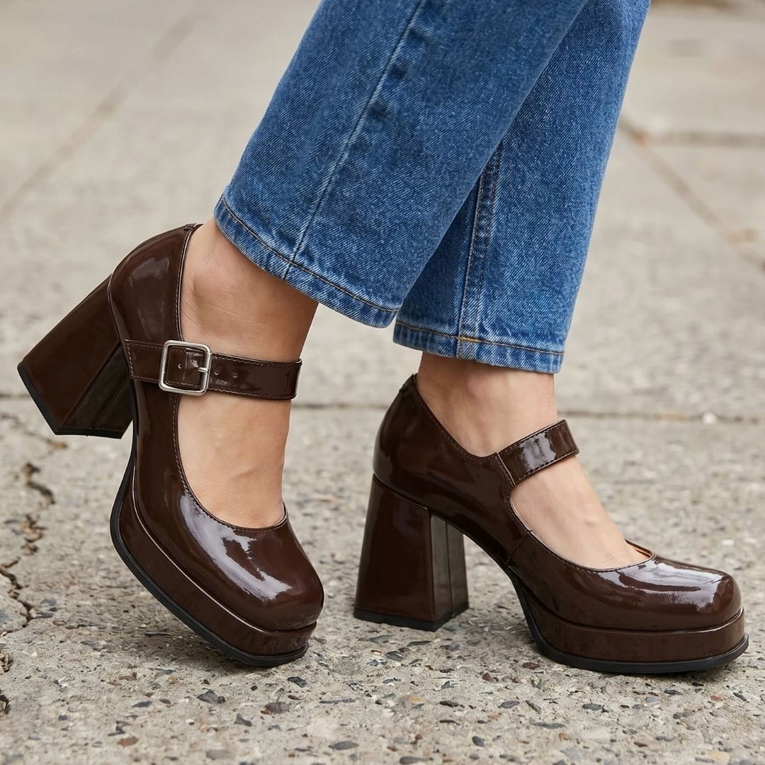 Harriet Chaussures Mary Jane en Verni – Plateforme Structurée Talon Bloc Bride à Boucle Élégance Vintage
