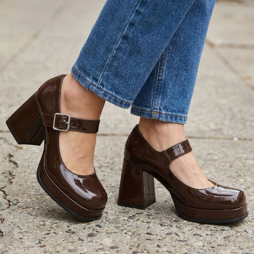 Harriet Chaussures Mary Jane en Verni – Plateforme Structurée Talon Bloc Bride à Boucle Élégance Vintage