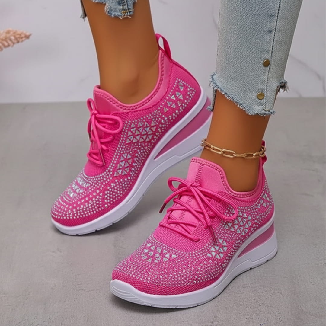 Antonette Sneakers Compensées à Strass – Support Voûte Plantaire, Chaussures à Lacets Confort