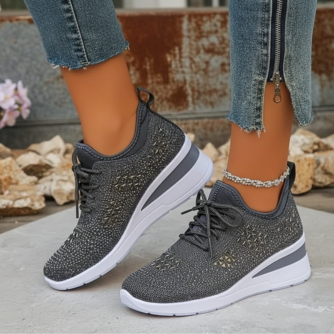Antonette Sneakers Compensées à Strass – Support Voûte Plantaire, Chaussures à Lacets Confort