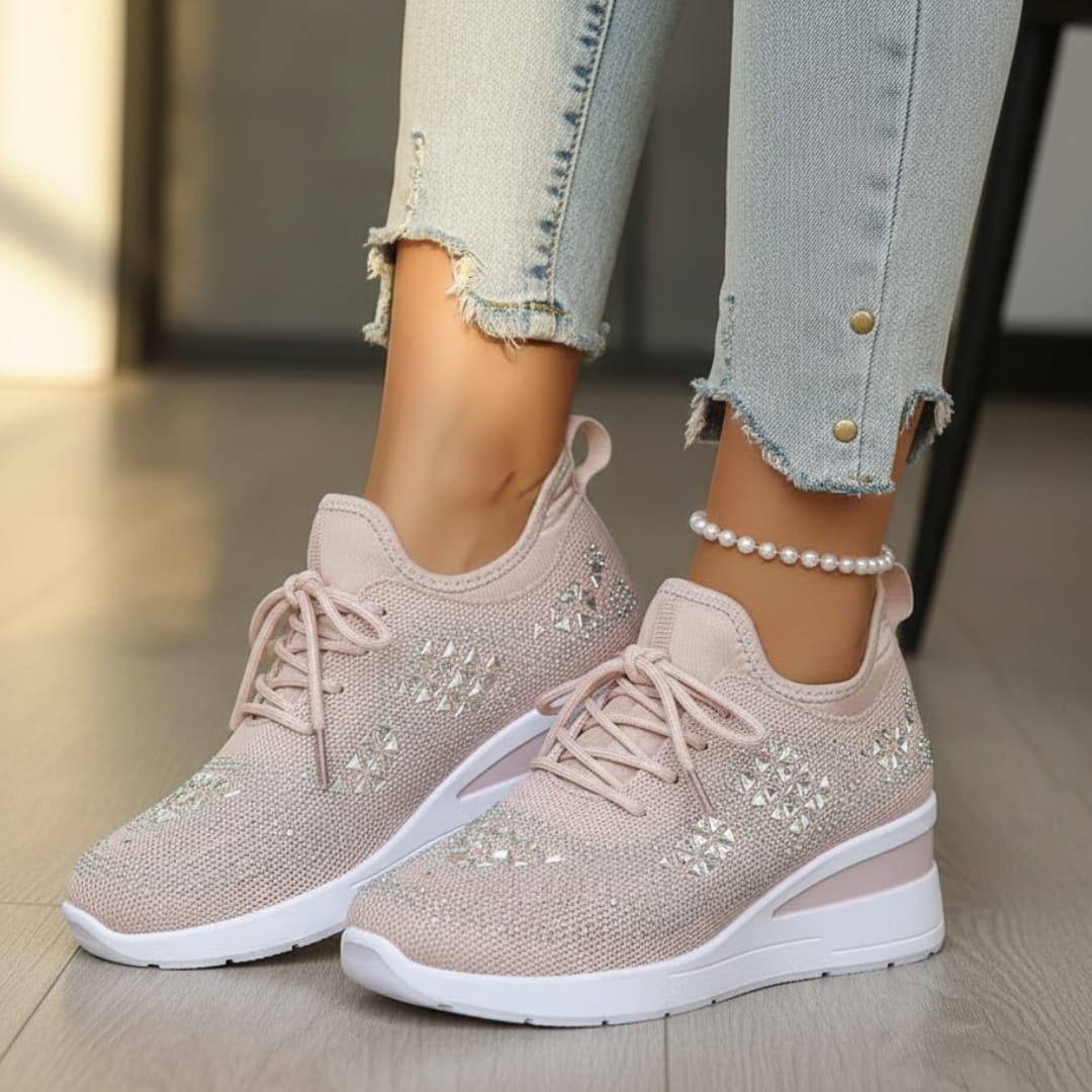 Antonette Sneakers Compensées à Strass – Support Voûte Plantaire, Chaussures à Lacets Confort