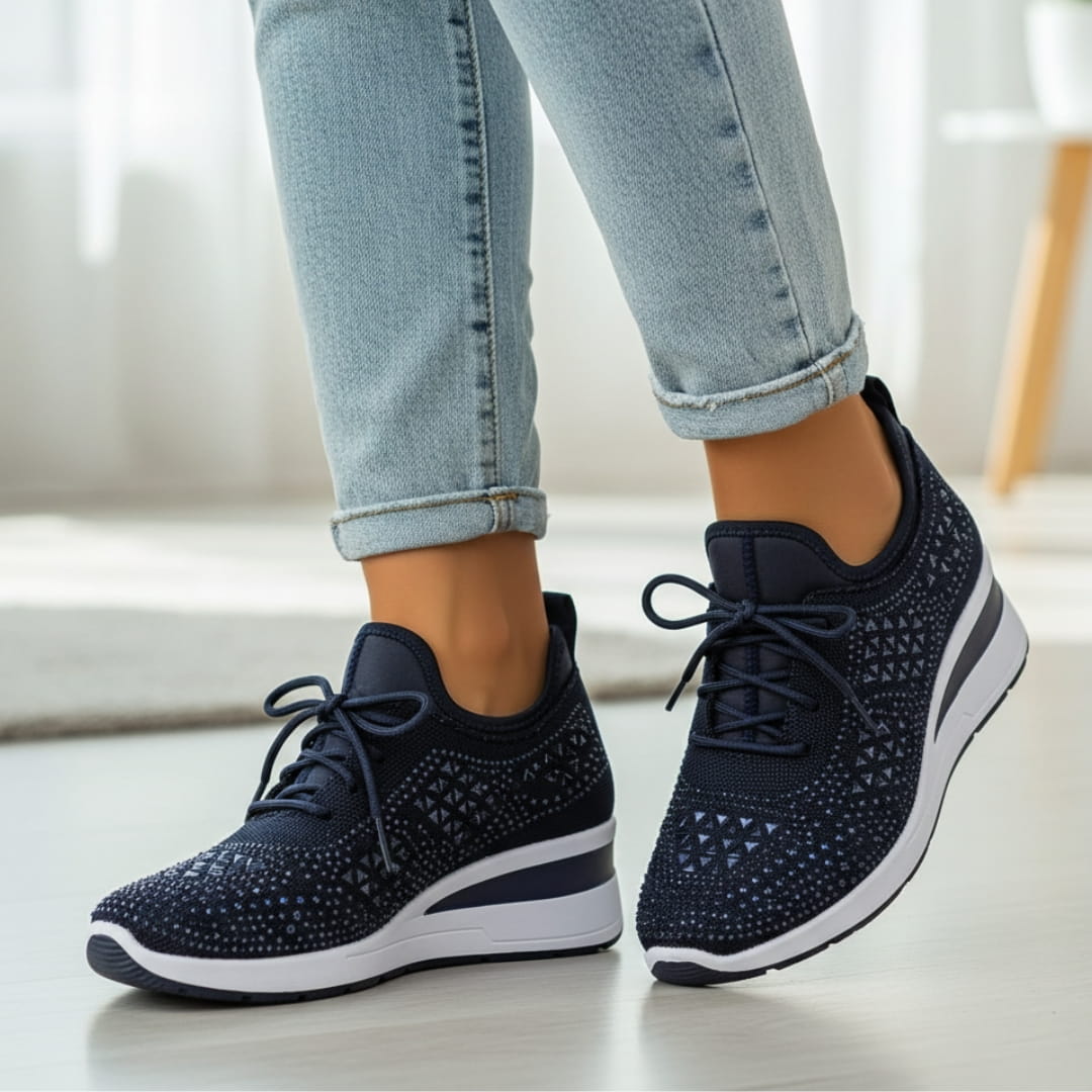 Antonette Sneakers Compensées à Strass – Support Voûte Plantaire, Chaussures à Lacets Confort
