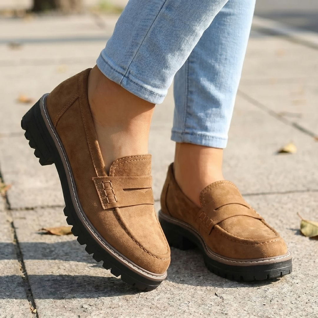 Colette Mocassins Chunky en Daim Premium – Souliers Casual Légers à Semelle Épaisse