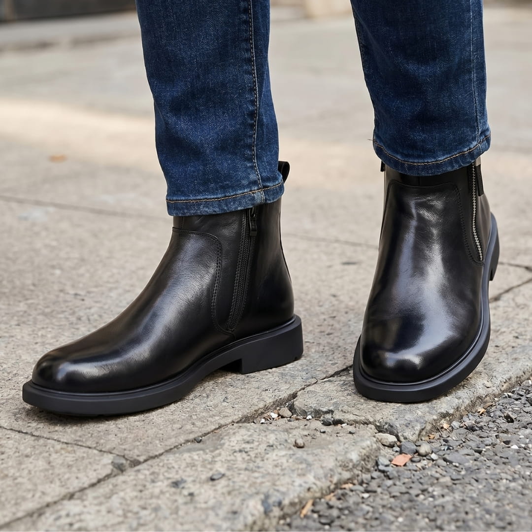 Hélias Bottes en Cuir Pleine Fleur – Bottes Robustes à Zip Latéral et Semelle Renforcée