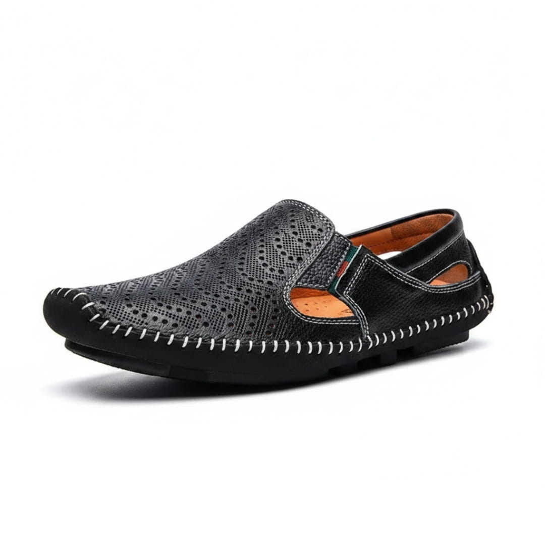 Jean Sandales en Cuir Perforé Confort Respirant Semelle Coussinée Chaussures Été