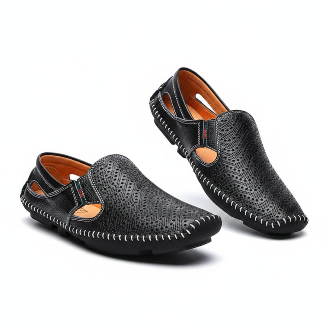 Jean Sandales en Cuir Perforé Confort Respirant Semelle Coussinée Chaussures Été