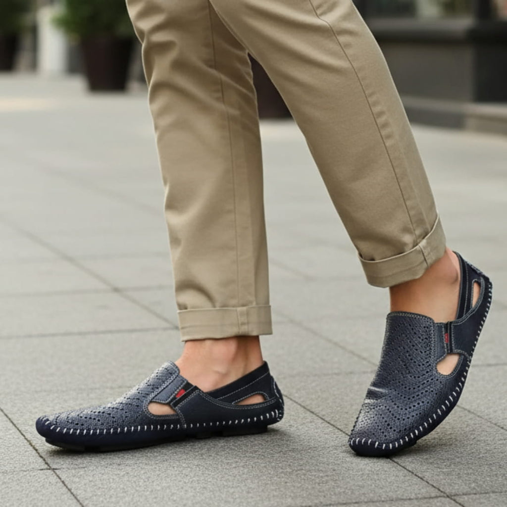 Jean Sandales en Cuir Perforé Confort Respirant Semelle Coussinée Chaussures Été
