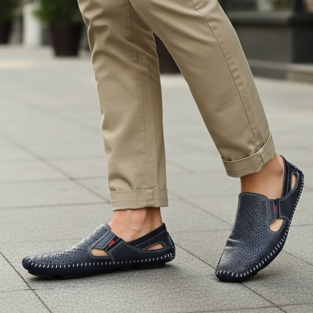 Jean Sandales en Cuir Perforé Confort Respirant Semelle Coussinée Chaussures Été