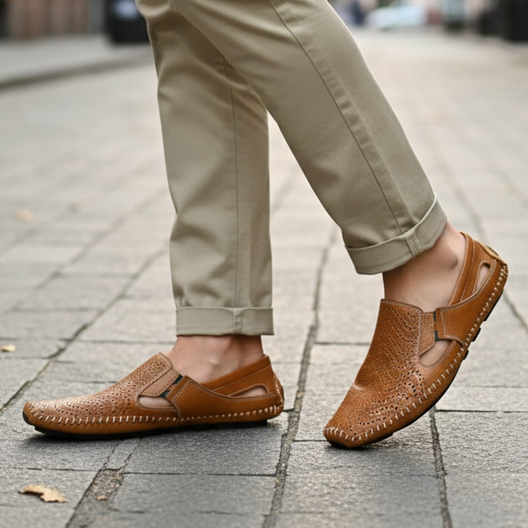 Jean Sandales en Cuir Perforé Confort Respirant Semelle Coussinée Chaussures Été