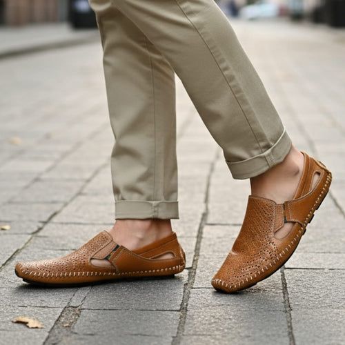 Jean Sandales en Cuir Perforé Confort Respirant Semelle Coussinée Chaussures Été