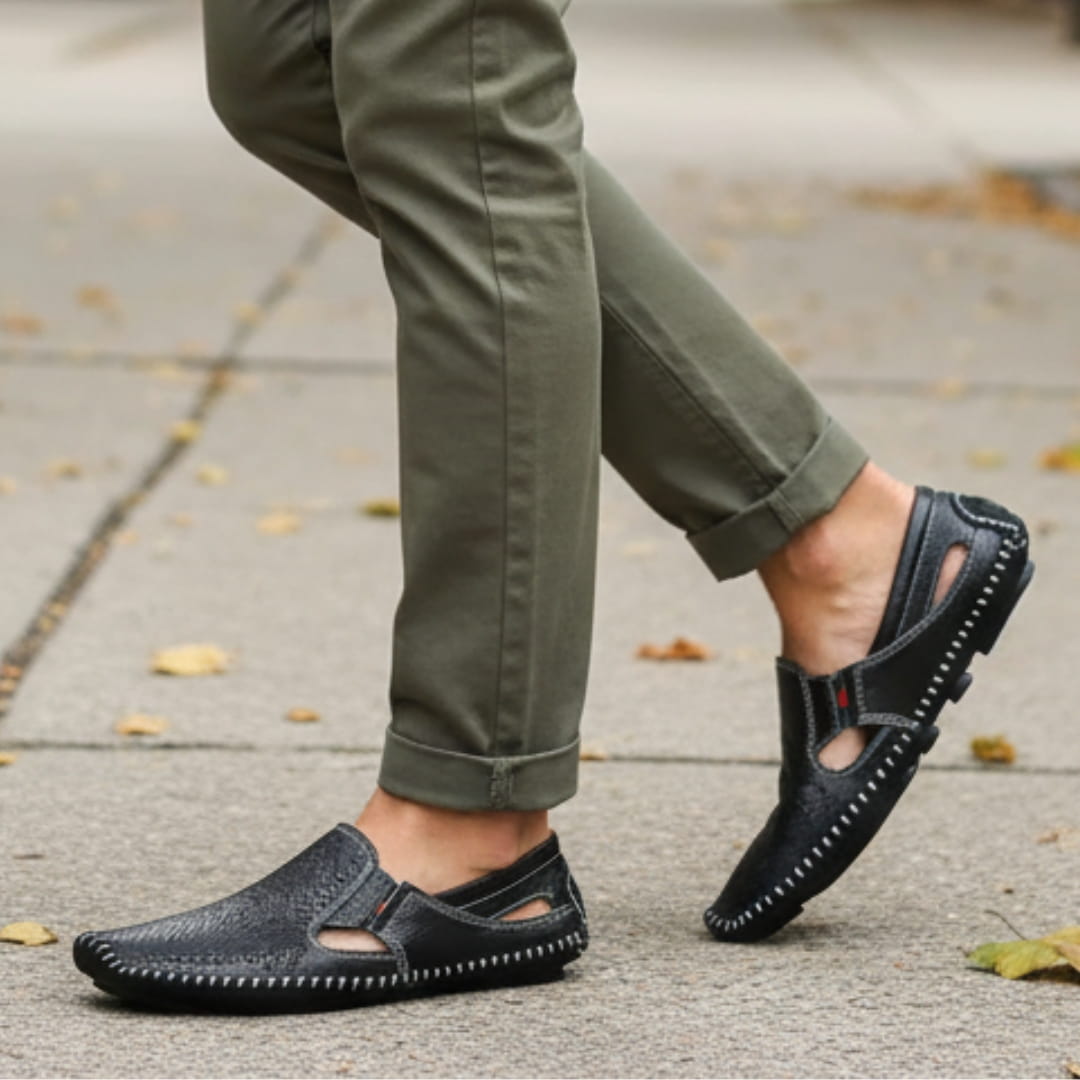 Jean Sandales en Cuir Perforé Confort Respirant Semelle Coussinée Chaussures Été