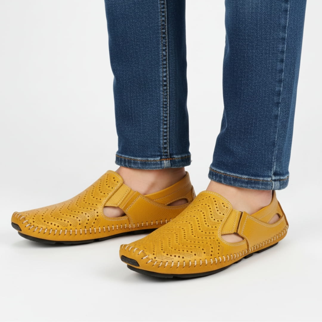 Jean Sandales en Cuir Perforé Confort Respirant Semelle Coussinée Chaussures Été