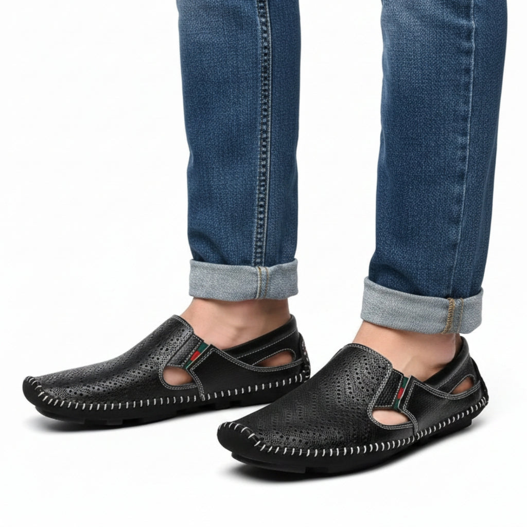 Jean Sandales en Cuir Perforé Confort Respirant Semelle Coussinée Chaussures Été