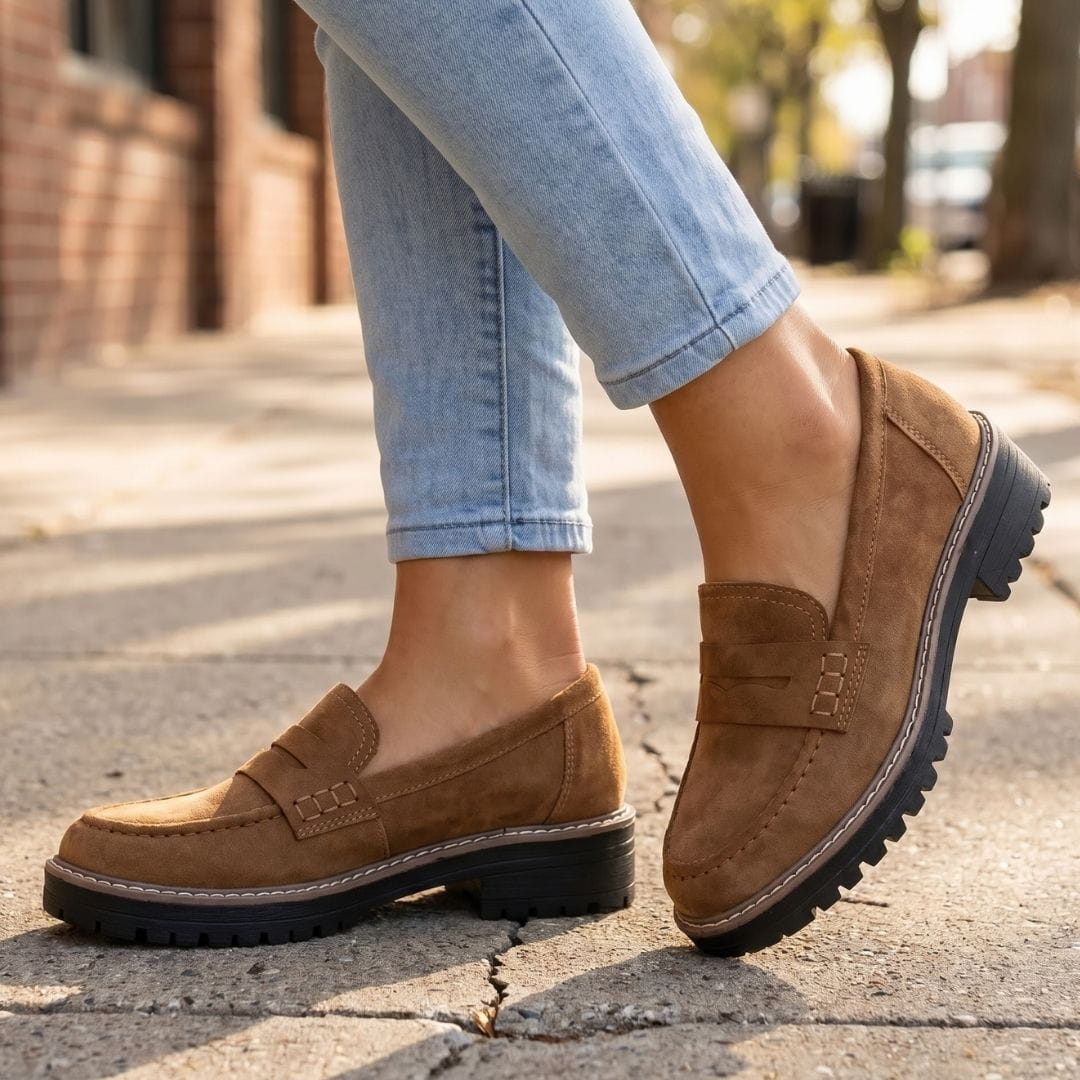 Colette Mocassins Chunky en Daim Premium – Souliers Casual Légers à Semelle Épaisse