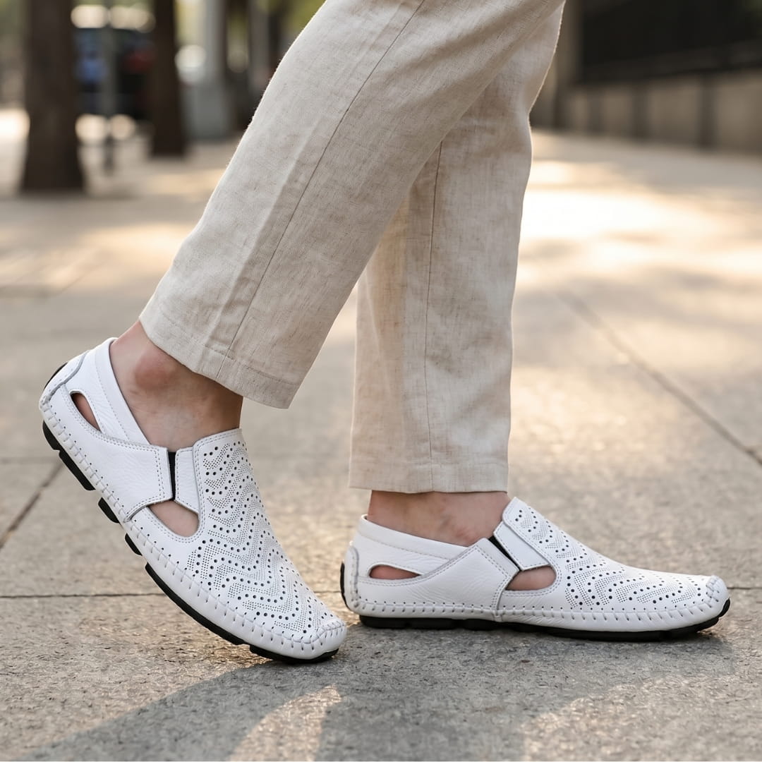Jean Sandales en Cuir Perforé Confort Respirant Semelle Coussinée Chaussures Été