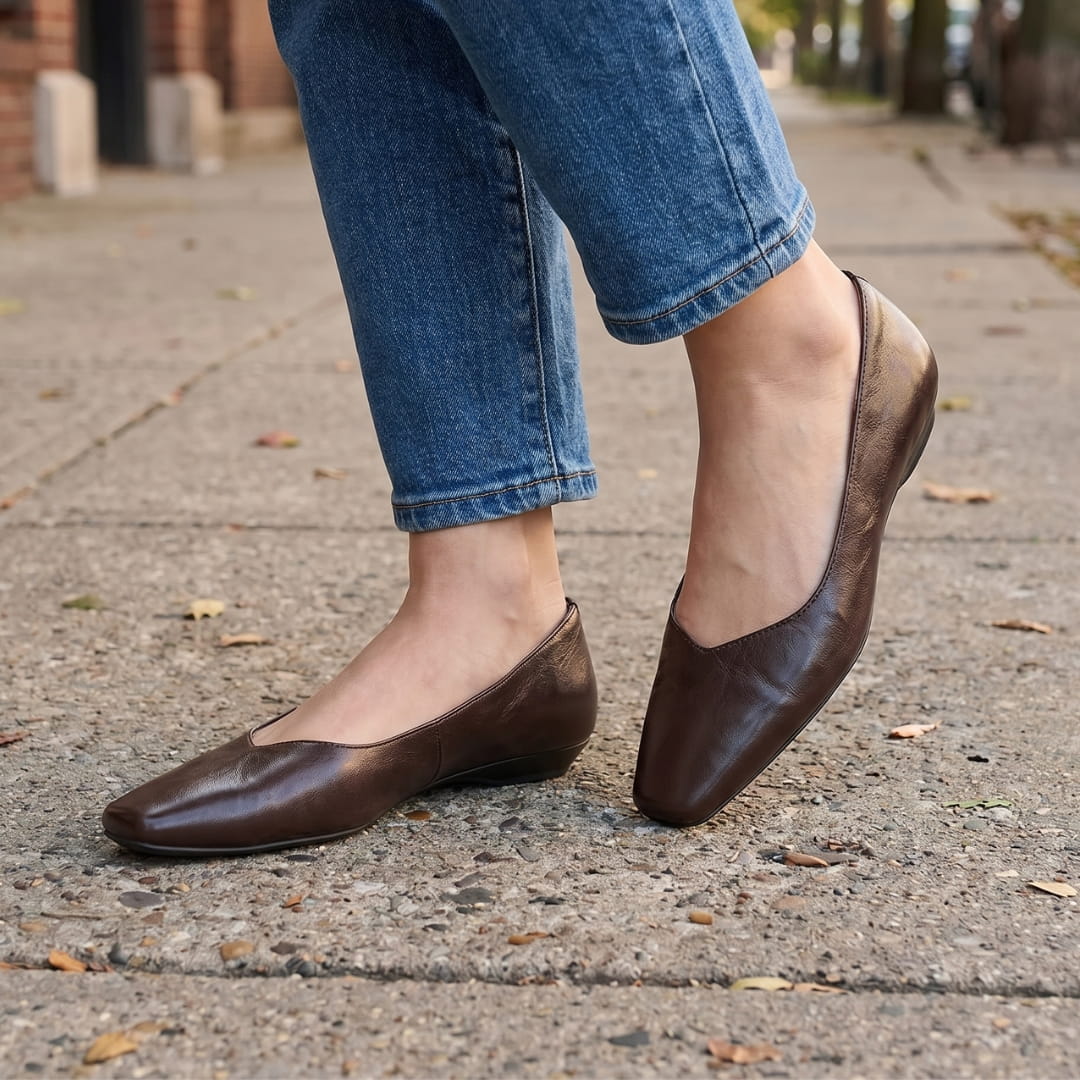 Jeanne Ballerines en Cuir Véritable Bout Carré Semelle Compensée Escarpins