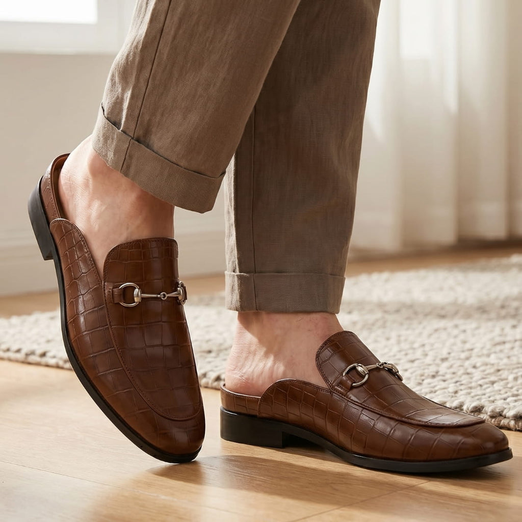 Harold Mules Mocassins en Cuir Embossé – Style Chic À Boucle Métallique Sabots Casual