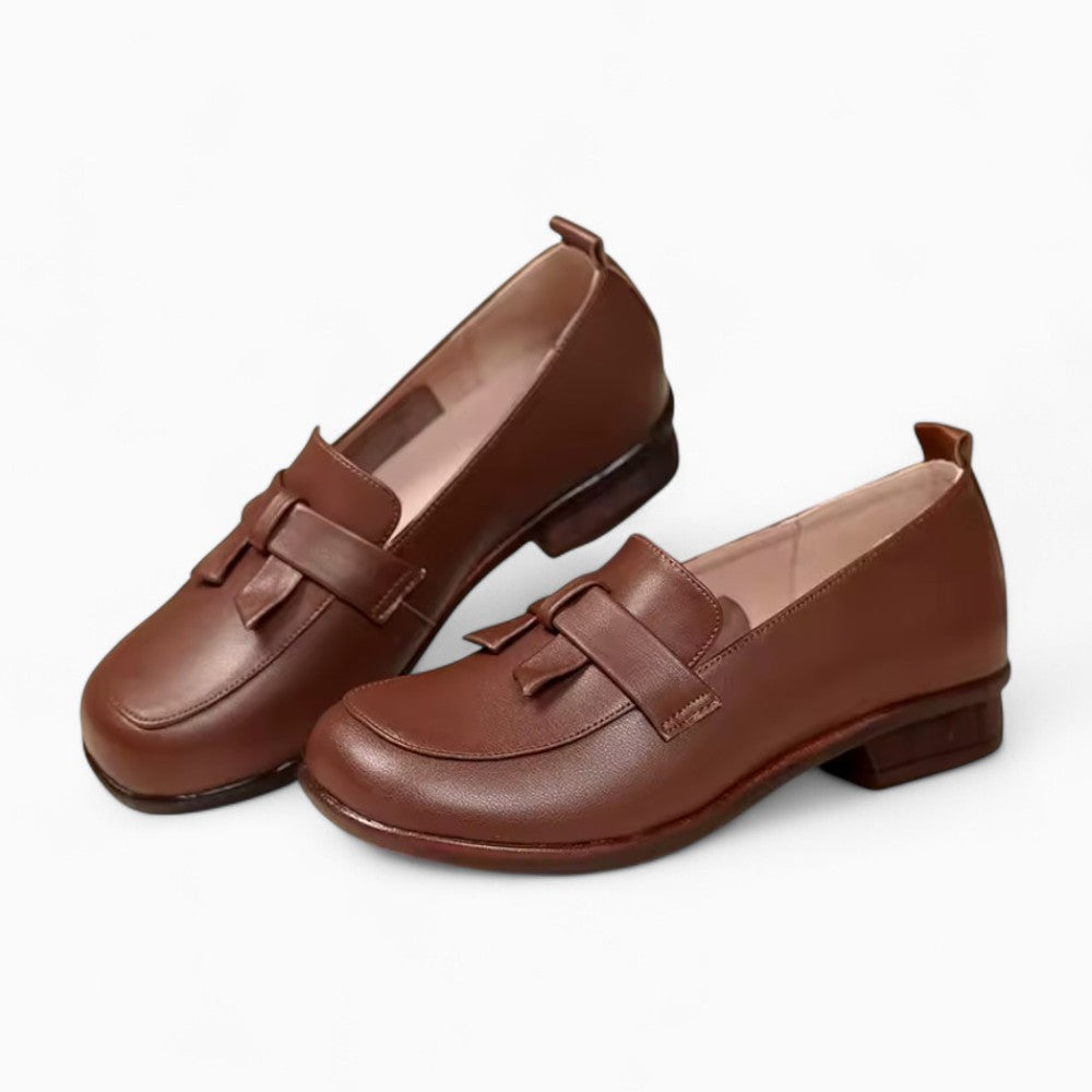 Mocassins Rétro En Cuir Souple À Talons Carré Pour Femmes