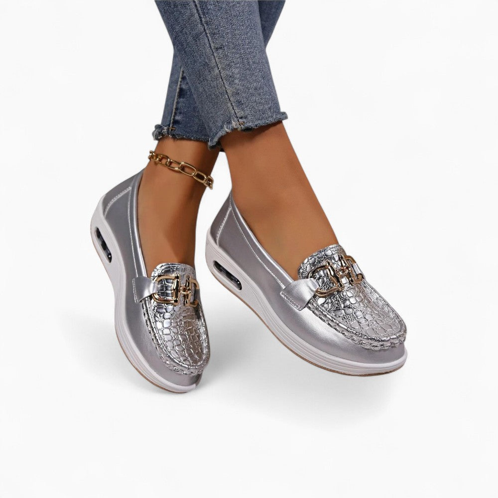 Mocassins Ouverts Compensés Effet Cuir Croco Chaîne Dorée Femme