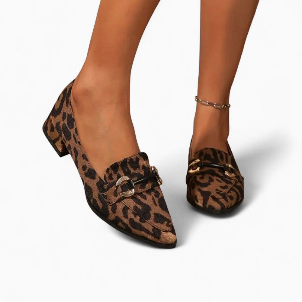 Mocassins Petit Talon Avec Imprimé Léopard Et Chaines Dorées