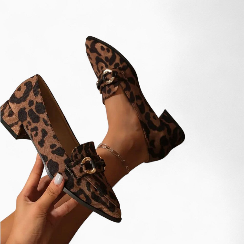 Mocassins Petit Talon Avec Imprimé Léopard Et Chaines Dorées