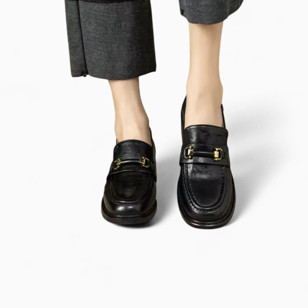 Mocassins Noirs À Talon Carré Avec Morsetti Simple Pour Femme