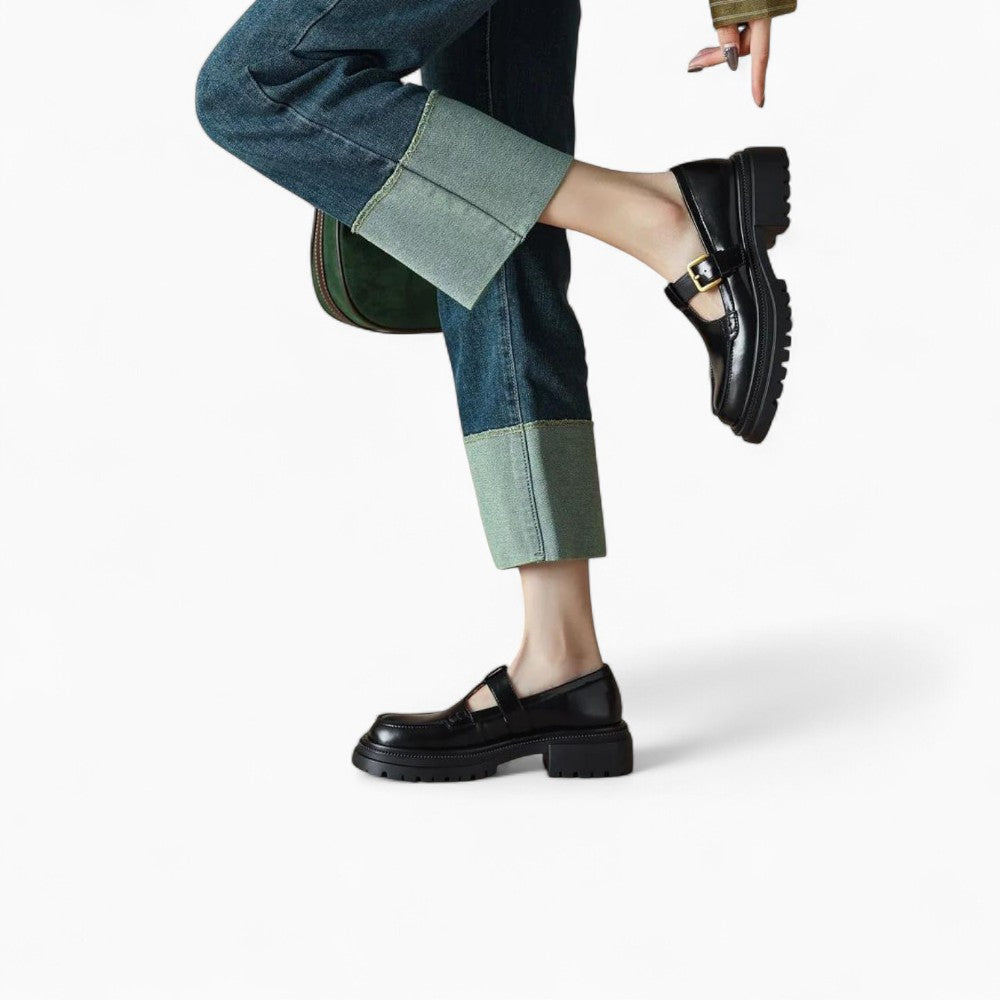 Mocassins Noirs À Talon Carré Et Semelle Épaisse Pour Femme