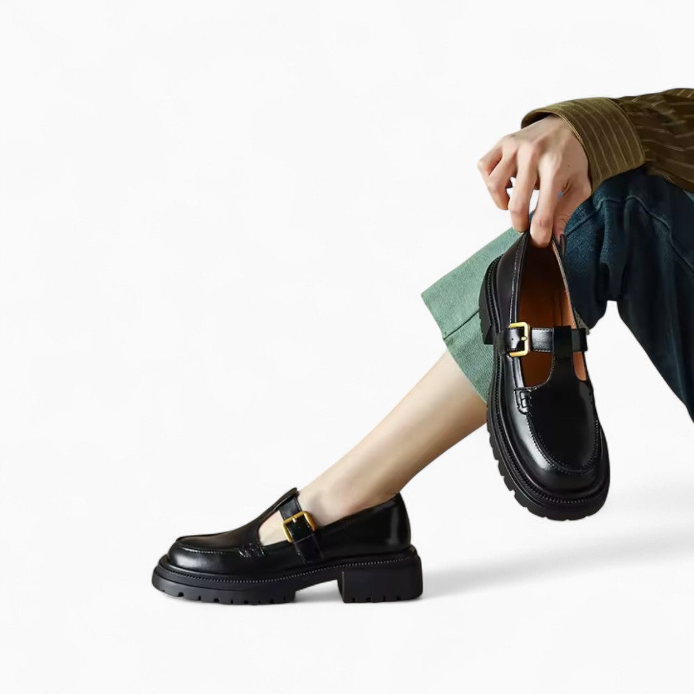 Mocassins Noirs À Talon Carré Et Semelle Épaisse Pour Femme