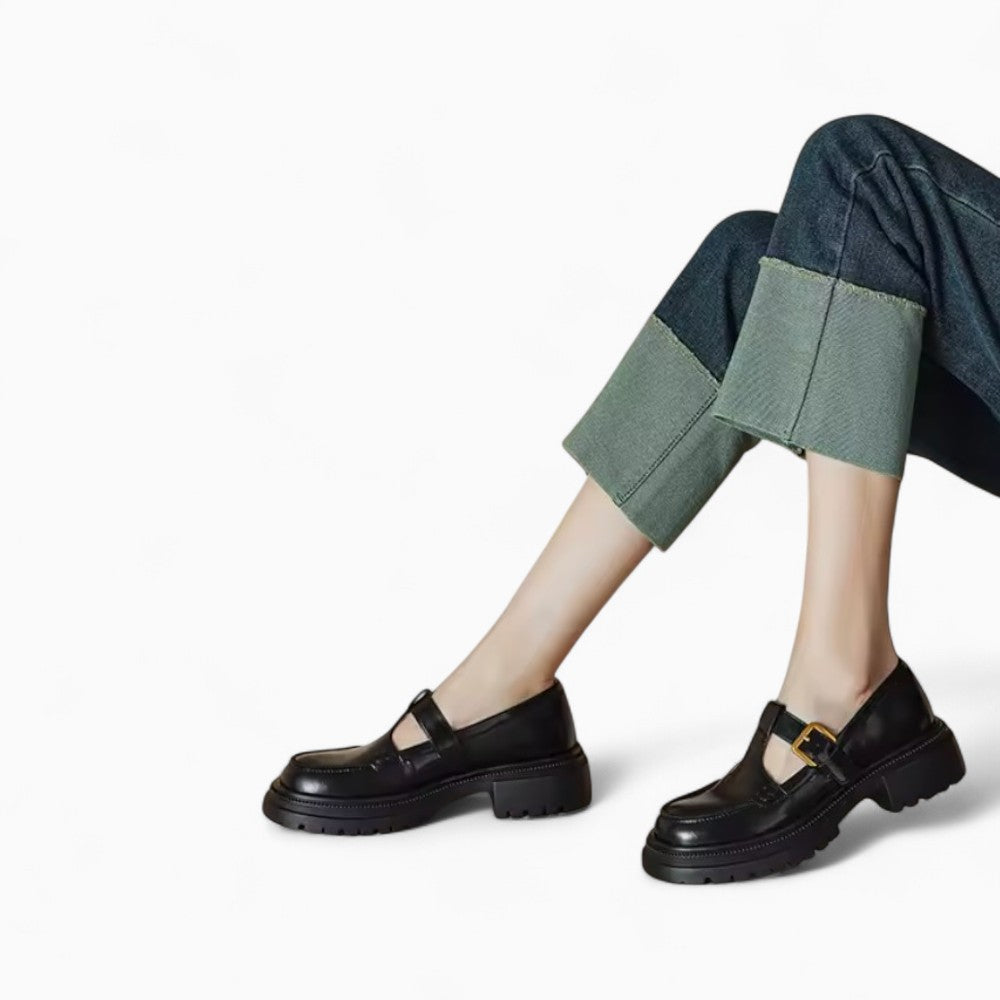 Mocassins Noirs À Talon Carré Et Semelle Épaisse Pour Femme