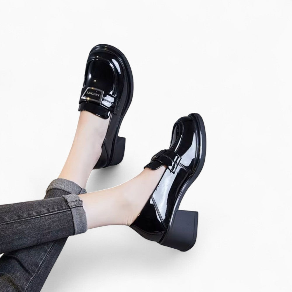 Mocassins Noirs À Talons Carrés En Cuir Véritable Pour Femme