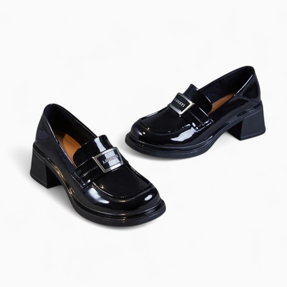 Mocassins Noirs À Talons Carrés En Cuir Véritable Pour Femme
