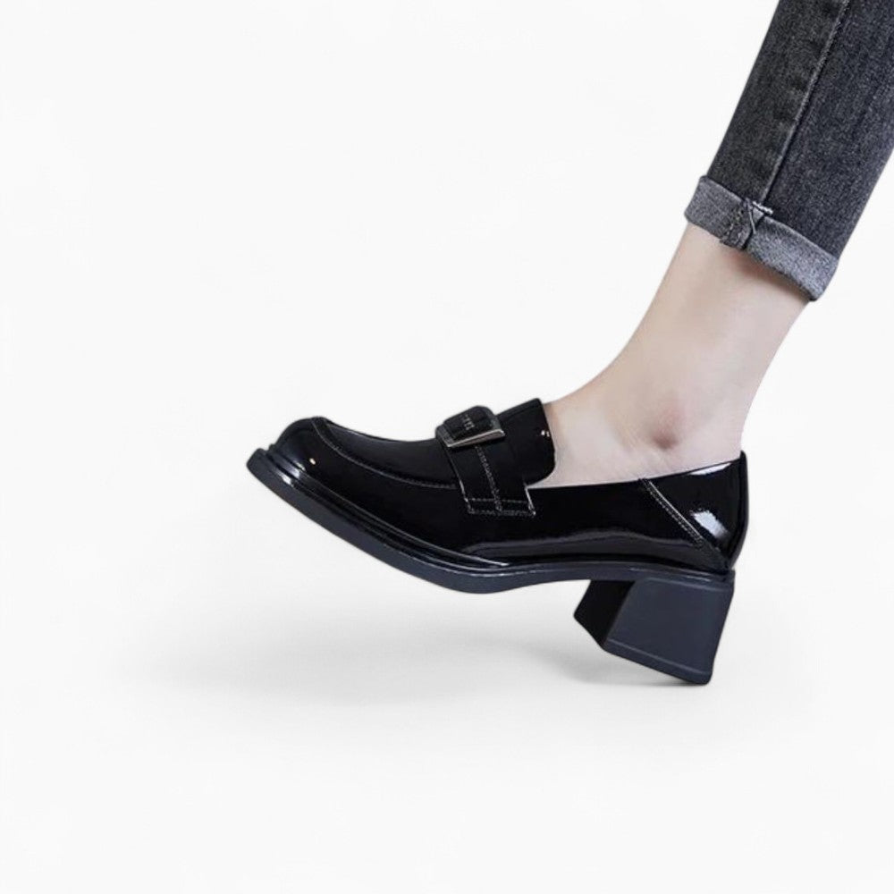 Mocassins Noirs À Talons Carrés En Cuir Véritable Pour Femme