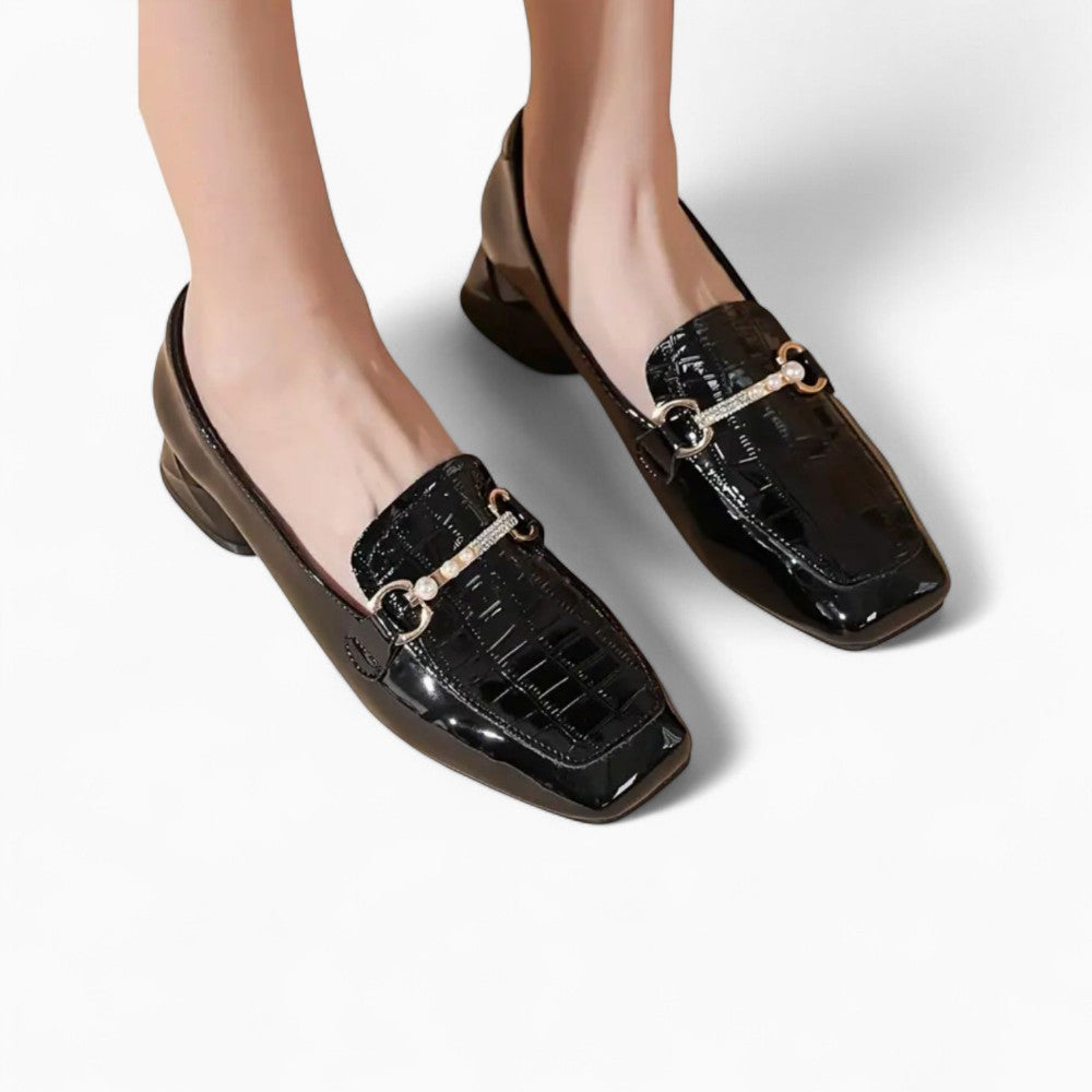Mocassins Noirs À Talons Carrés Femme Style Preppy
