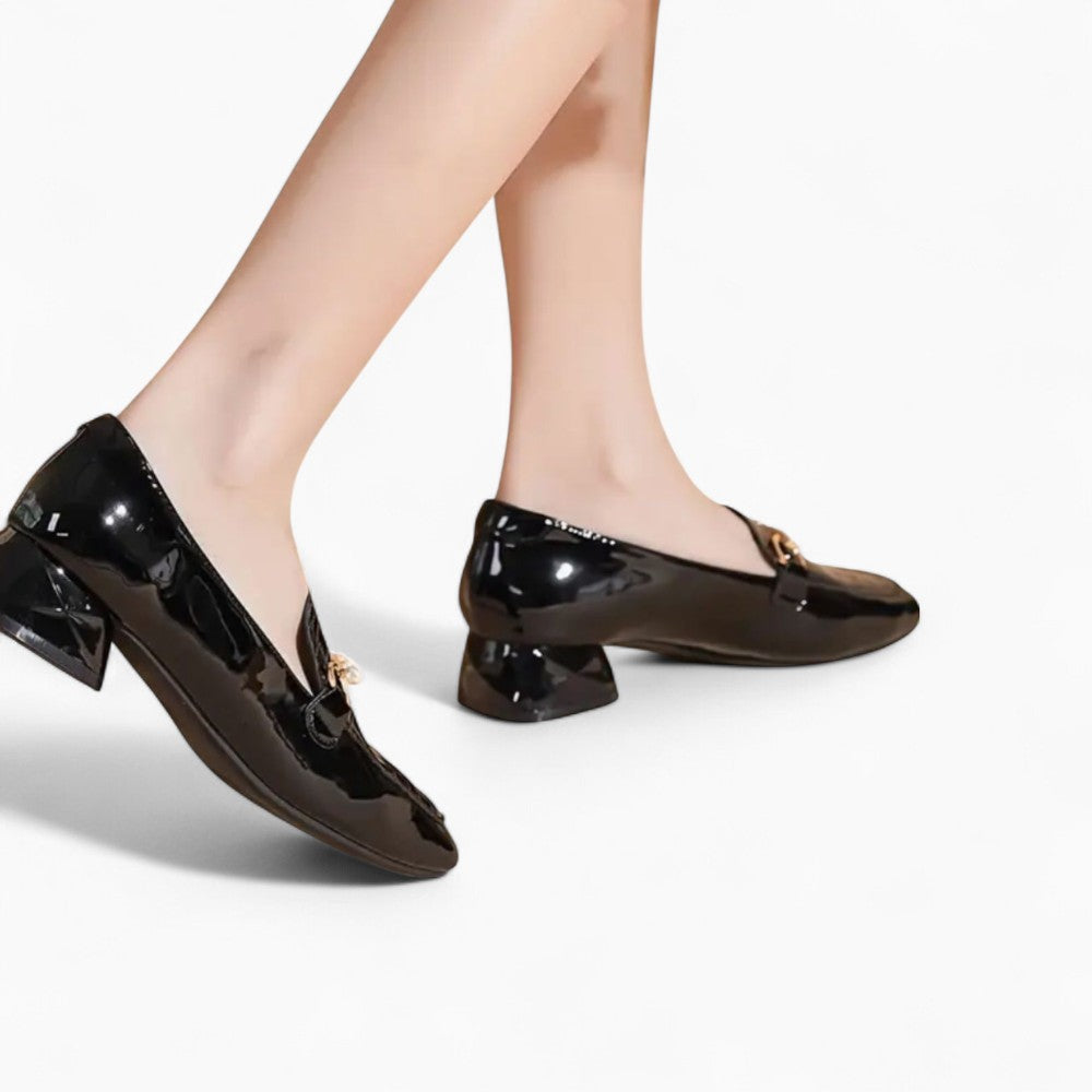 Mocassins Noirs À Talons Carrés Femme Style Preppy