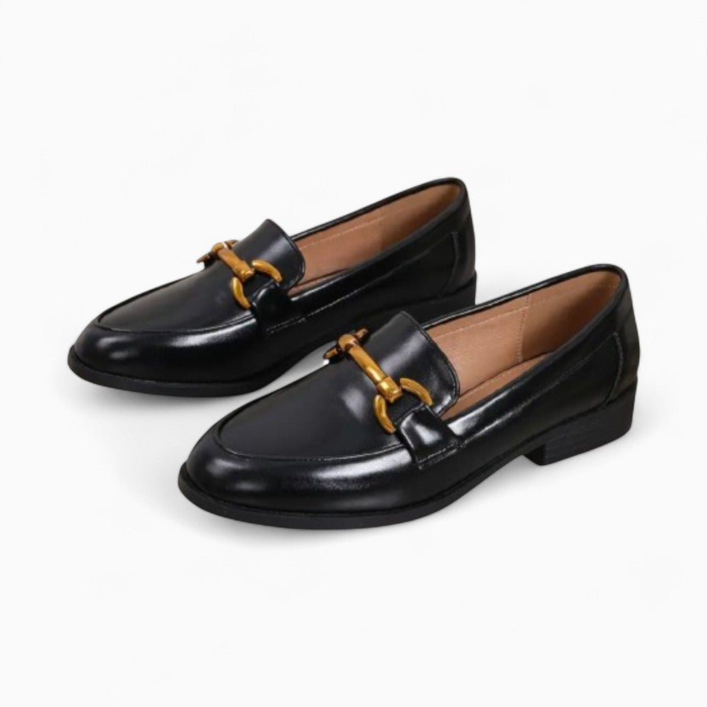 Mocassins Noirs En Cuir Verni À Talons Pour Femmes