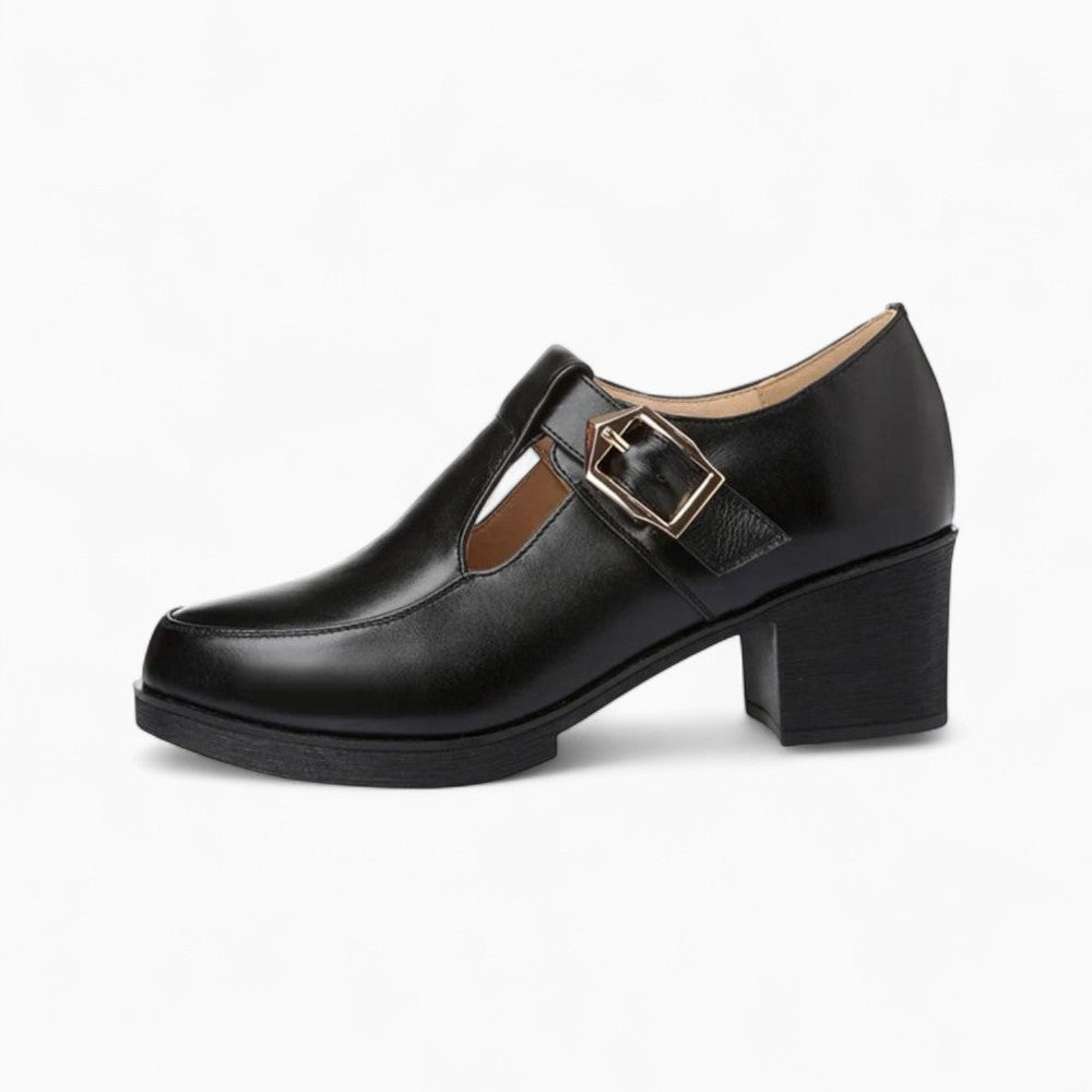 Mocassins Noirs Pour Femme En Cuir Avec Une Boucle En Métal Et Un Talon Carré