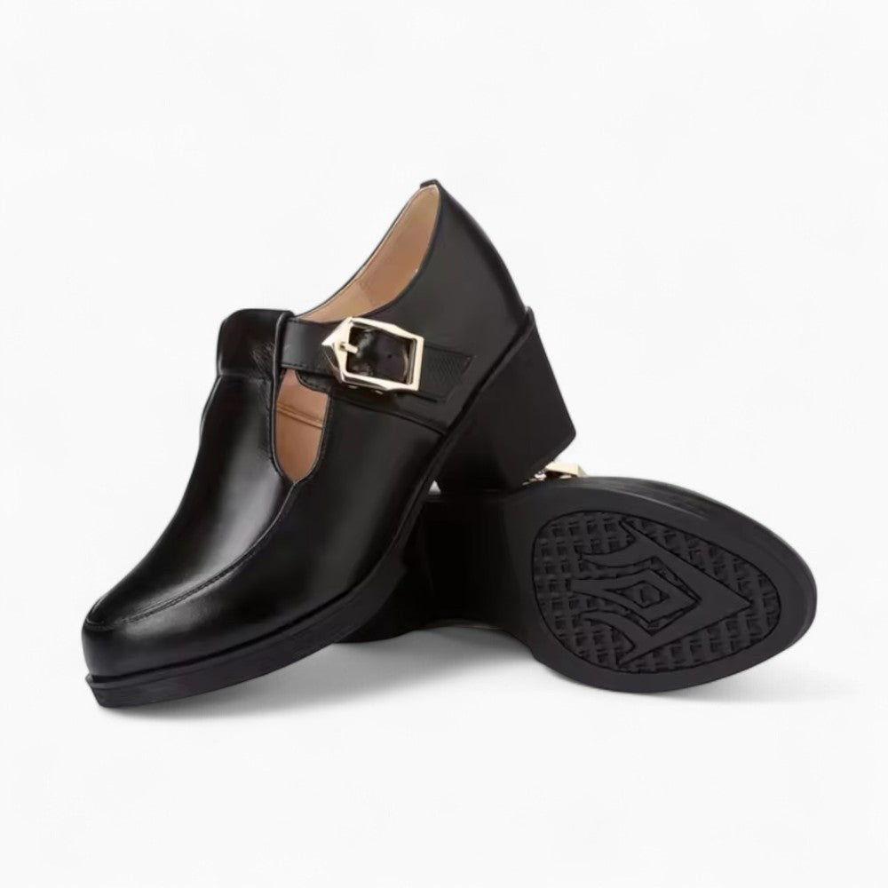 Mocassins Noirs Pour Femme En Cuir Avec Une Boucle En Métal Et Un Talon Carré