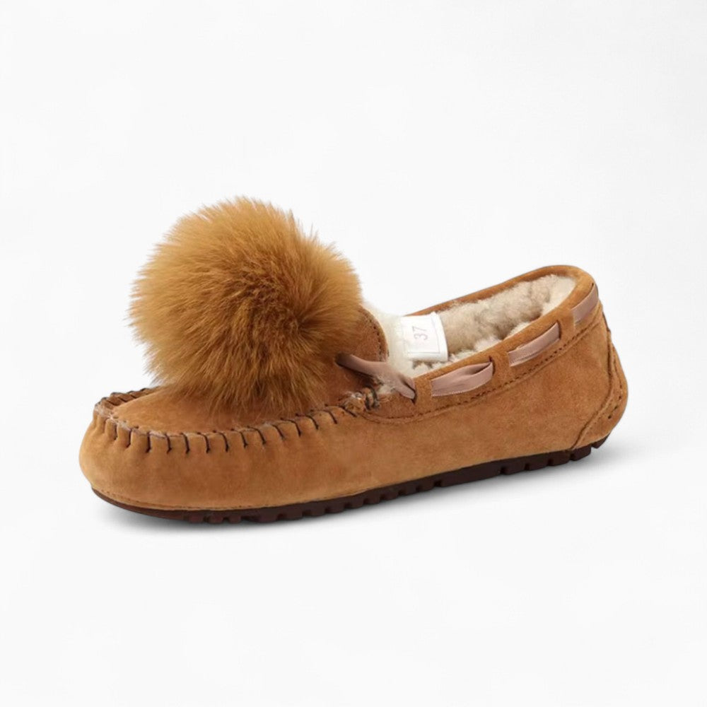 Mocassins Indiens En Daim Fourré À Pompon