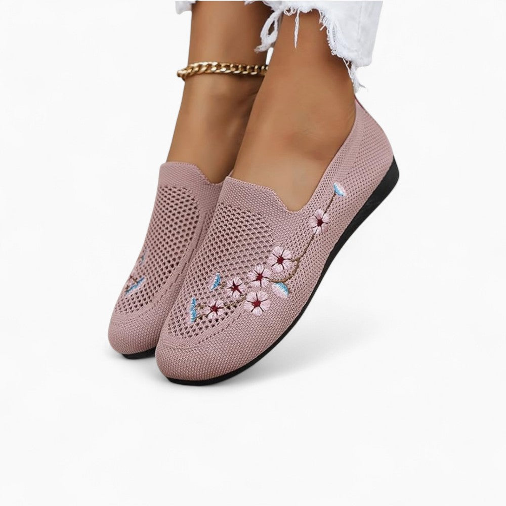 Mocassins En Maille Respirante Tricotée Avec Broderie Fleurie