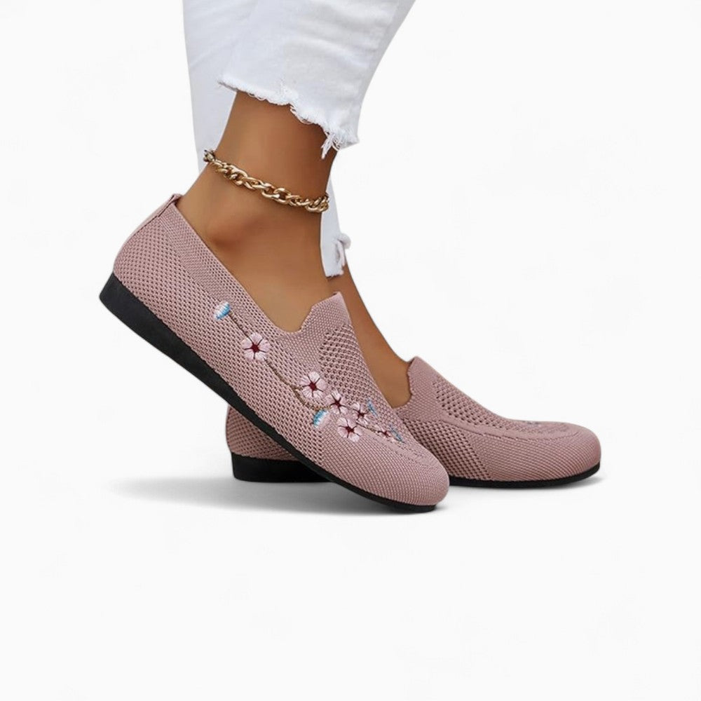 Mocassins En Maille Respirante Tricotée Avec Broderie Fleurie