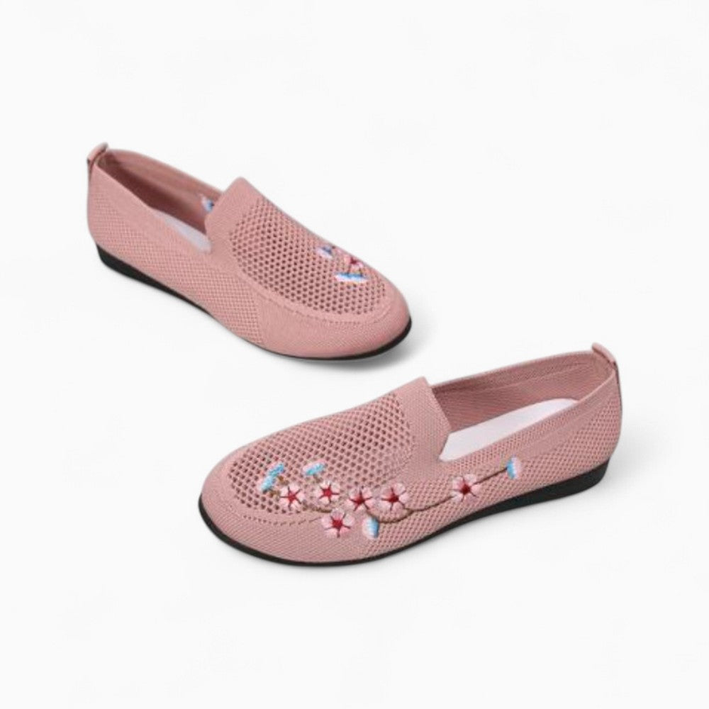 Mocassins En Maille Respirante Tricotée Avec Broderie Fleurie