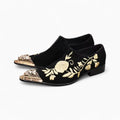 Mocassins En Velours Noir Avec Broderie Florale Dorée