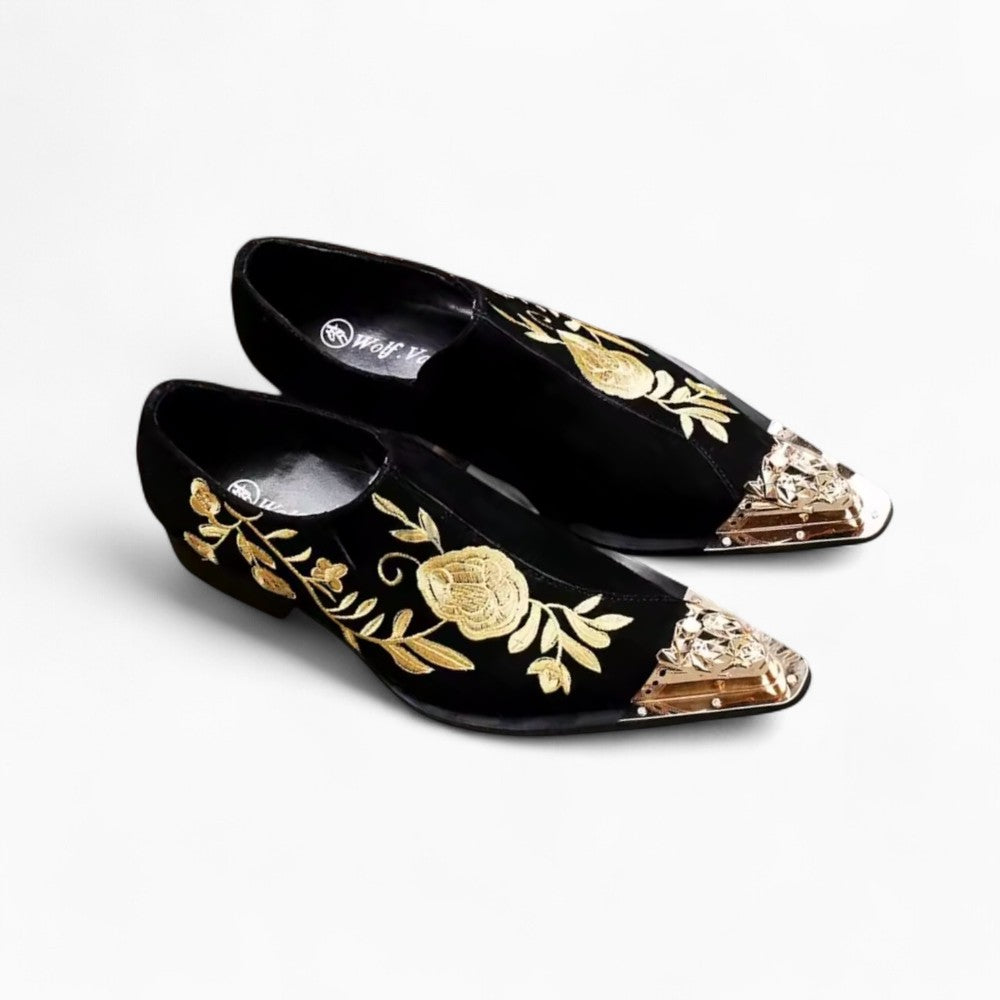 Mocassins En Velours Noir Avec Broderie Florale Dorée